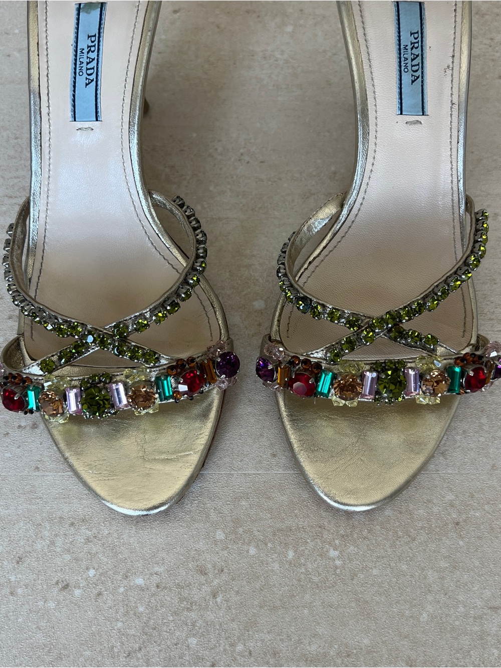 Prada Gold Crystal-Embellished Open-Toe Heels - Picture 3 of 8
